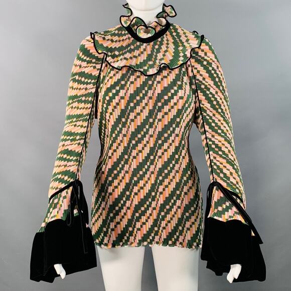 TORY BURCH Size 2 Green Pink Yellow Polyester Geometric Pleated Blouse - Picture 1 of 8